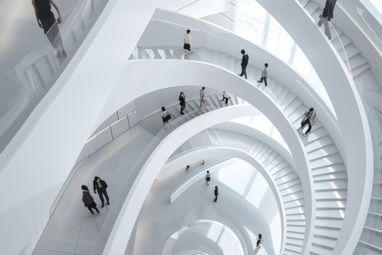 Aerial view of people descending a spiral staircase, white modern architecture, abstract human patterns, dynamic movement.