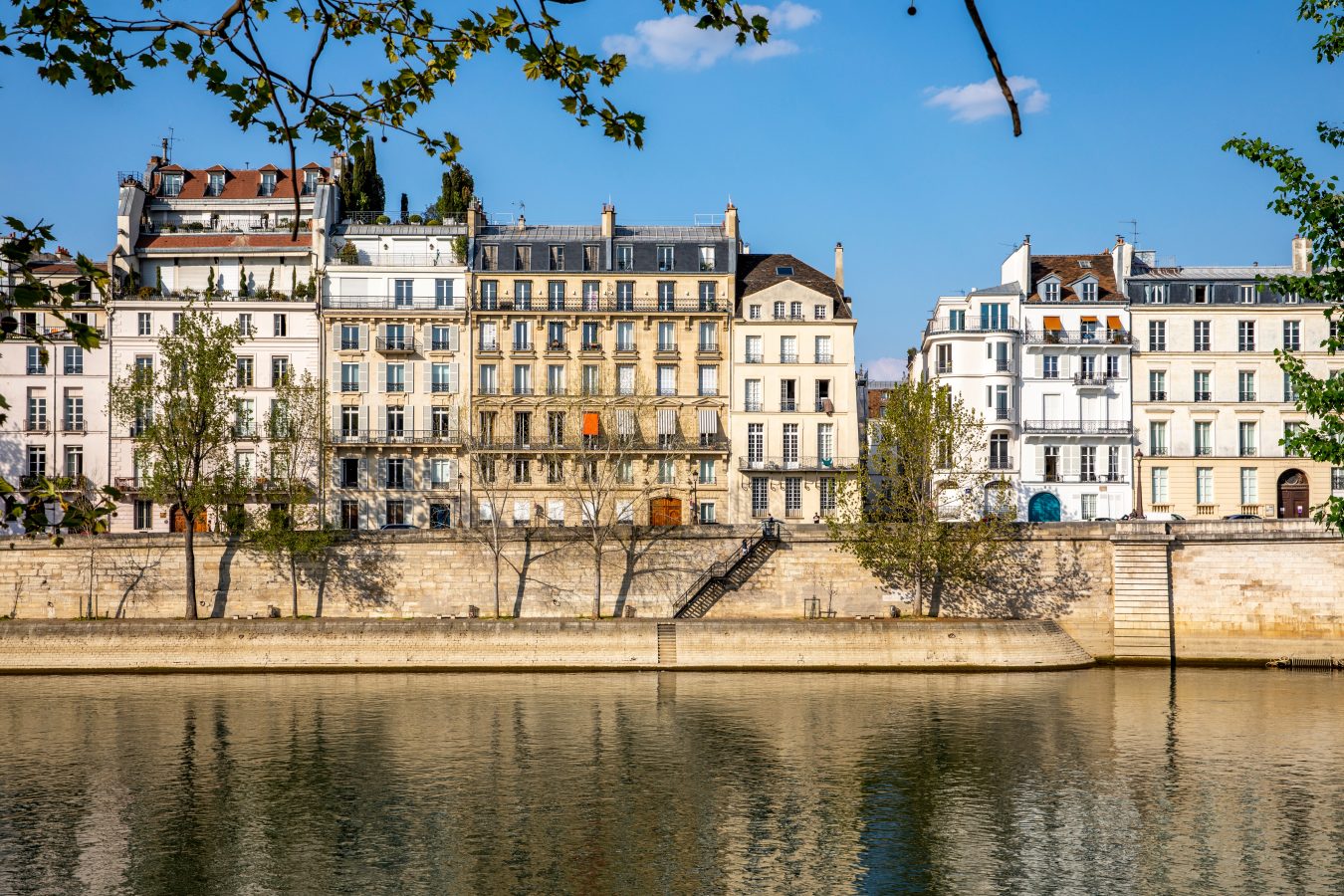 Paris, France - April 9, 2020: Typical Haussmannian buildings on the Ile Saint Louis during containment measures due to covid-19